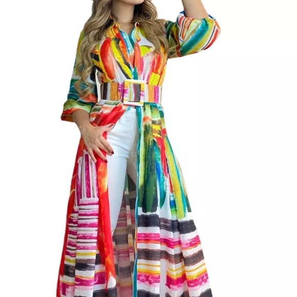None Dresses & Skirts - ABSTRACT BUTTON DOWN SHIRT DRESS WITH BELT